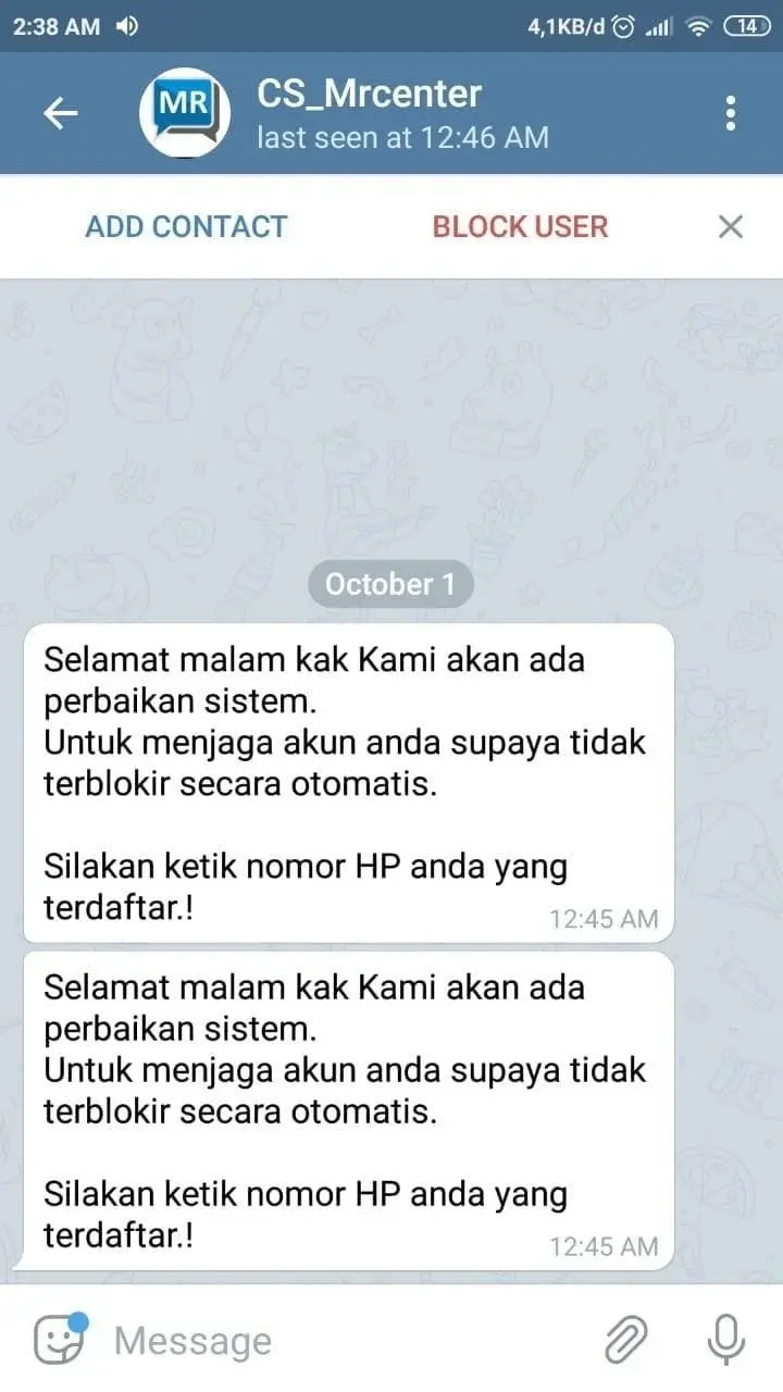 Chat-Penipuan-Mengatasnamakan-Telegram-CS-Metro-Reload